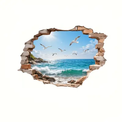 Ocean Wall Sticker with Seagull Design, Realistic Brick Mural for Bedroom and Living Room