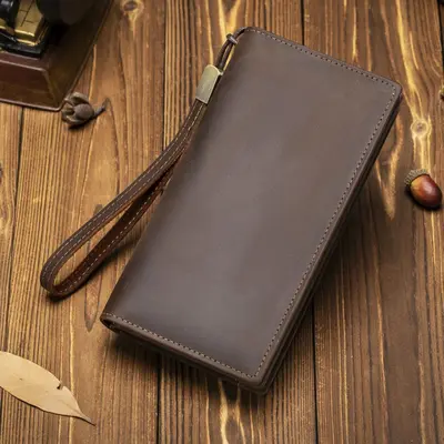 Herren-Clutch aus Crazy-Horse-Leder, lange Geldbörse mit Reißverschluss