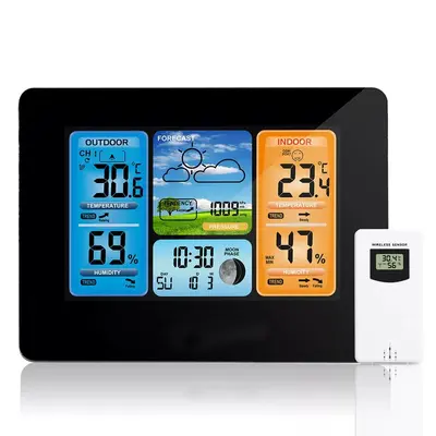 Colourful Display Weather Station Clock, Bamboo Surface, RF Wireless Radio-Controlled Digi - 8
