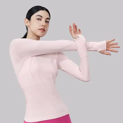 Damen-Yogashirt, nahtlos, Langarm, Rundhals, hohe Elastizität - 3