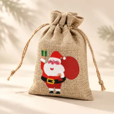 Christmas Drawstring Burlap Gift Bag, Santa Claus Candy Packaging Bag - 7