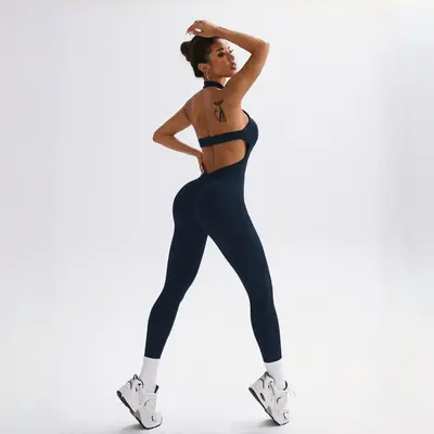 Sırt Dekolteli Dar Kesim Yoga Tulumu, Fitness, Şeftali Kalça Tasarımı - 3
