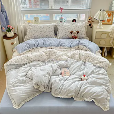 Class A wrinkled gauze double-layer cotton lace four-piece set, single/double bedding, bed sheet, fitted sheet, single piece dropshipping. - 11