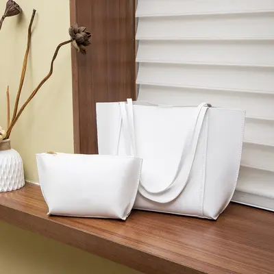 Women's Solid Color Large Tote Bag with Detachable Inner Pouch Korean Style - 6