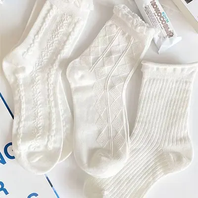 white socks women's socks solid color cotton socks pure white full colored cotton women's socks wholesale mid-calf socks bubble mouth Lolita