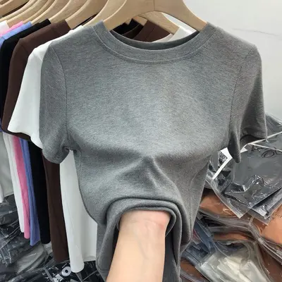 2026 summer new style ribbed round neck slim fit women's t-shirt, short sleeve versatile solid color basic t-shirt top - 4