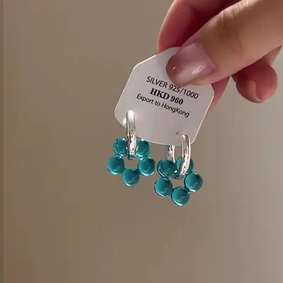 Mavi kristal çiçek küpe, kadın, Kore tarzı - 5