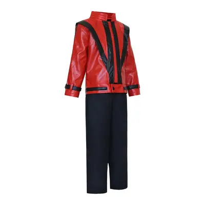 Çocuk Jackson Thriller cosplay takımı, kırmızı siyah deri ceket ve pantolon