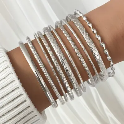 Embossed Geometric Multi-Layer Bracelet Set, 10 Pieces - 8