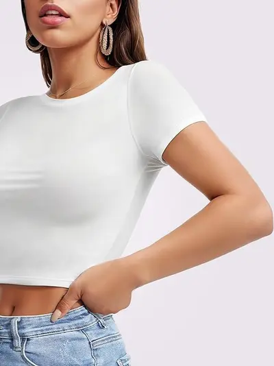 Cross-border European and American style crop top t-shirt hot girl summer sweater women's slim round neck fashion milk silk short sleeve