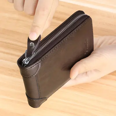 Erkek Yumuşak Deri Görünümlü Kısa Cüzdan, Fermuarlı, RFID Korumalı - 4