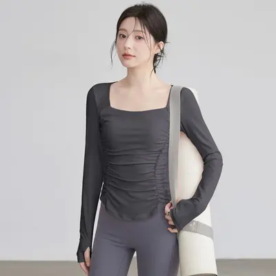 Long-Sleeve Open-Back Pleated Yoga Top with Built-in Bra Pads - 7