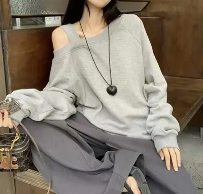 Damen-Sweatshirt, schräge Schultern, schulterfrei, locker, Langarm - 7