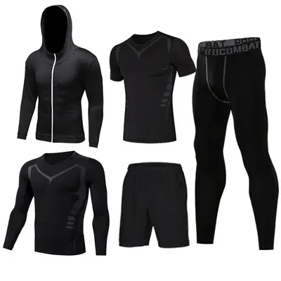 Erkek Spor Takımı 5'li Set, Hızlı Kuruyan Kısa Kollu Fitness Kıyafeti