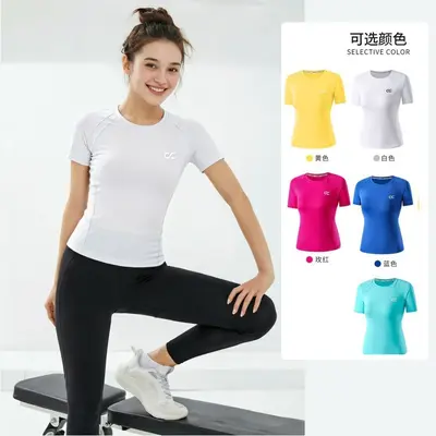 Kadın hızlı kuruyan kısa kollu spor T-shirt, mavi, nefes alabilir