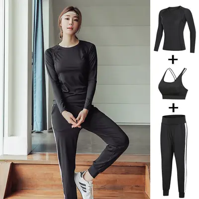 2024秋季运动服套装女款透气速干瑜伽服三件套长袖哈伦裤健身服女 - 7