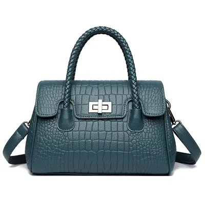 Women's Embossed Leather Shoulder Bag, Woven Cord Detail, Crossbody Strap - 6