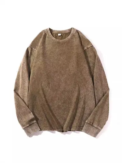Langarm-T-Shirt aus reiner Baumwolle, gewaschen, Kordelzug, Oversize-Retro-Schnitt