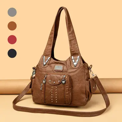 Washed Leather Women's Crossbody Shoulder Bag, Contrast Color, Large Capacity