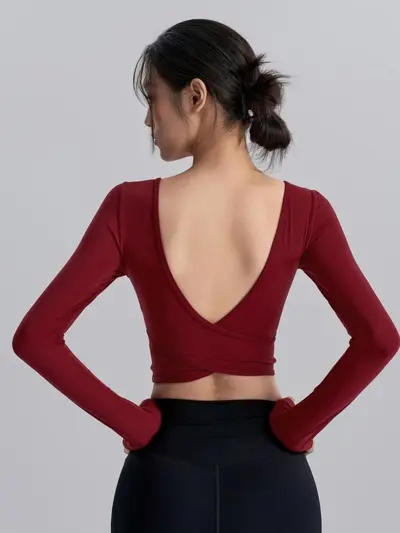 Backless Yoga Top with Built-in Bra Pads, Red Square Neck, Long Sleeve - 1