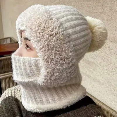 Cross-border Labelable Women's Hat Winter Warm Knitted Hat Scarf Mask Three-in-One Unisex Outdoor