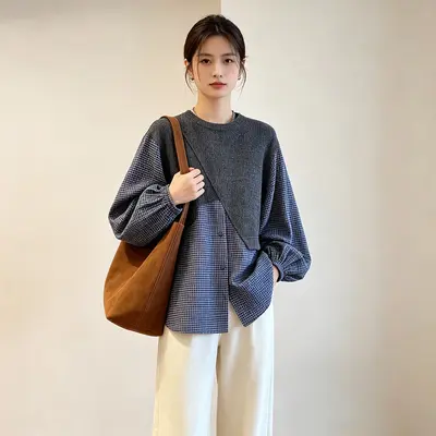 Korean-Style Retro Knit Plaid Faux Two-Piece Shirt, Plus Size