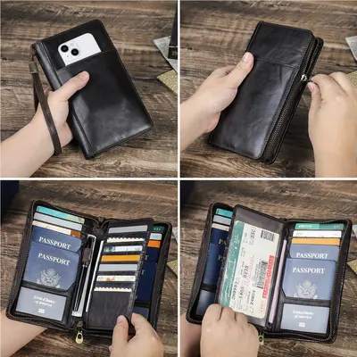 Siyah Melek RFID anti-manyetik seyahat aile pasaportu kozmetik çantası çok fonksiyonlu fermuarlı bilek kayışı ile hakiki deri pasaport çantası