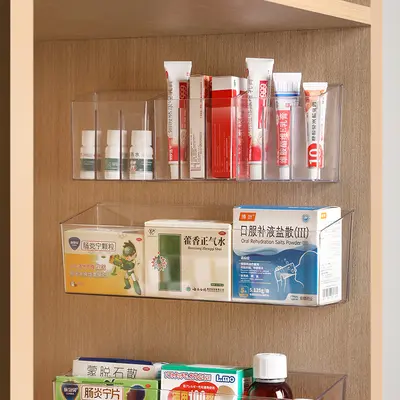 Medicine organizer box, transparent compartments, wall-mounted