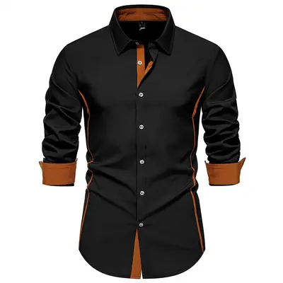 Men's Contrast Color Long-Sleeve Shirt, Spring and Autumn, Triangle Collar - 7