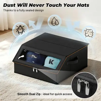 Foldable Hat Storage Box with Zipper, Dustproof, Window, Stackable