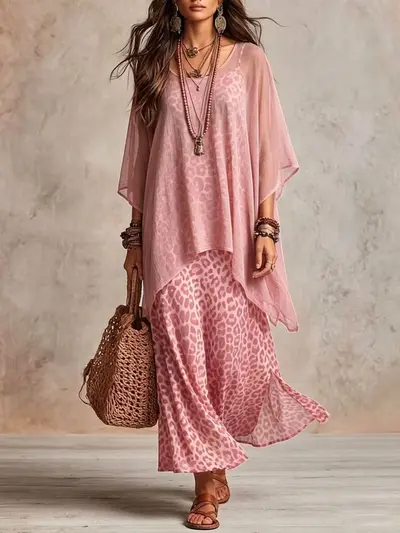 Women's Chiffon Leopard Print Two-Piece Dress Set with Camisole