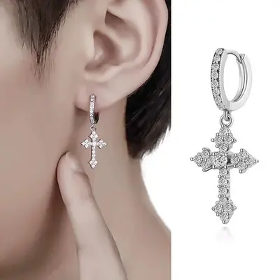 Men's Full Zirconia Ear Clip, Cross Screw Hip-Hop Style