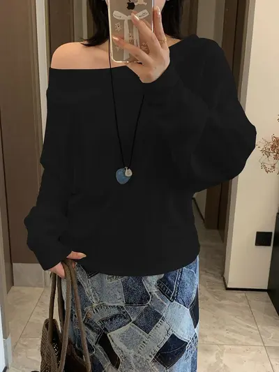Women's Plus Size Off-Shoulder Long Sleeve Top, Casual Fit, 9321 - 5