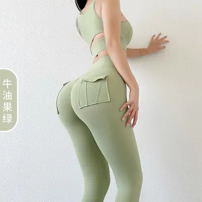 运动长裤带口袋跑步健身裤女高腰提臀工装弹力紧身翘臀瑜伽裤春夏 - 12