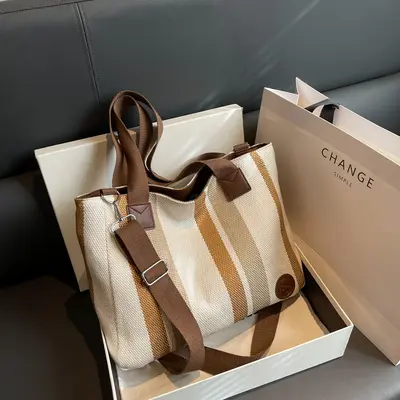 Large Capacity Women's Canvas Tote Bag, Korean Style, Vertical Stripes, Single Shoulder - 8