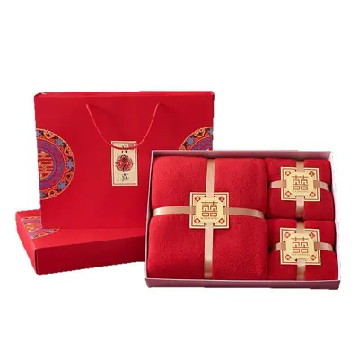 Hochzeits-Handtuch-Set aus verdicktem Frottee, 3-teilig, Wuju You Xi, rot, Korallenvlies, Handtuch und Badetuch, Hochzeitsgeschenk