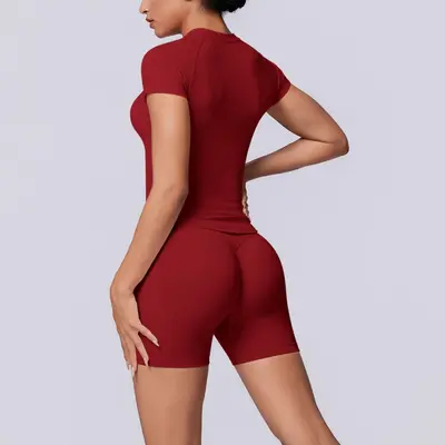 Seamless Solid Color Breathable Women's Short-Sleeve Shorts Set - 11