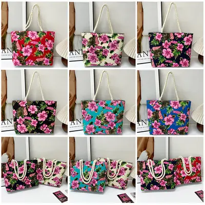 Bedruckte Leinen-Schultertasche mit Blumenmuster, großes Fassungsvermögen