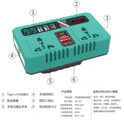Lithium-Batterie-Wechselrichter, 18V-21V auf 220V Wandler, tragbar