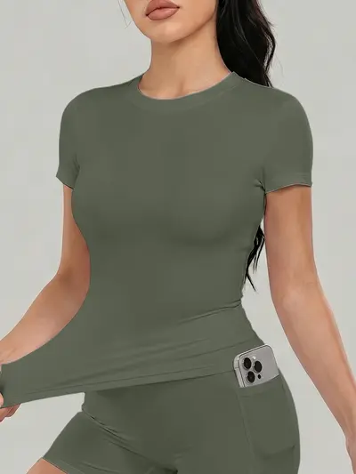 Kadın Yoga Kısa Kollu Tişört, Hızlı Kuruyan, Nefes Alabilir, Vücut Şekillendirici - 3