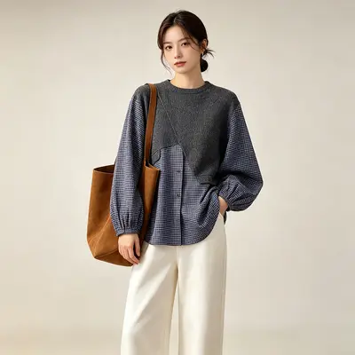 Korean-Style Retro Knit Plaid Faux Two-Piece Shirt, Plus Size