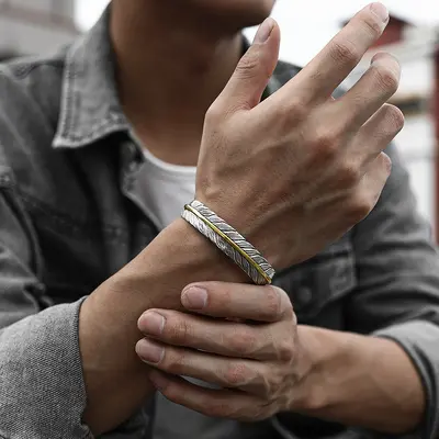 Tang pattern feather open cuff bracelet, men's stainless steel