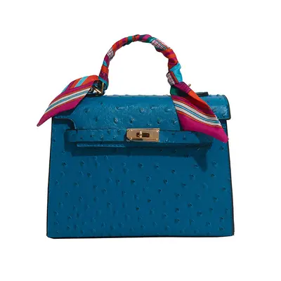 Small Women's Shoulder Bag with Ostrich Pattern, Silk Scarf Detail, Crossbody Strap - 6