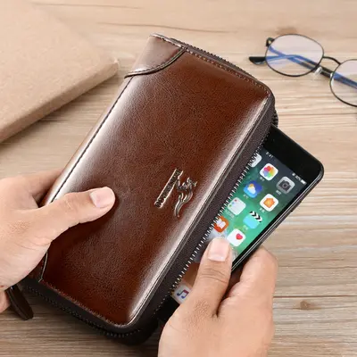 Erkek El Çantası Deri Fermuarlı Clutch, Çift Fermuarlı Uzun Cüzdan - 3
