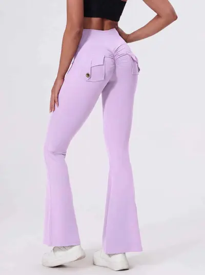 Women's Yoga Pants with Cargo Pockets, Peach Hip-Lift, Flared - 13