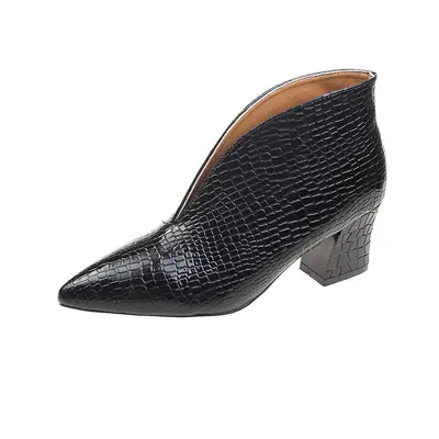 Spitze Lackleder-Kurzstiefel für Damen, dünner Absatz, Schlangenhautmuster