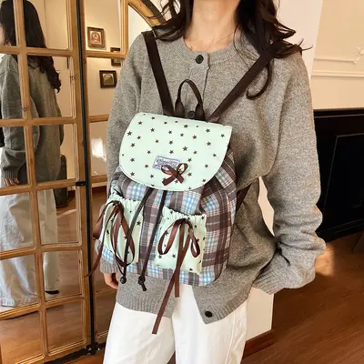 Kids Backpack Bow Design Mint Green Plaid Primary School Bag - 4