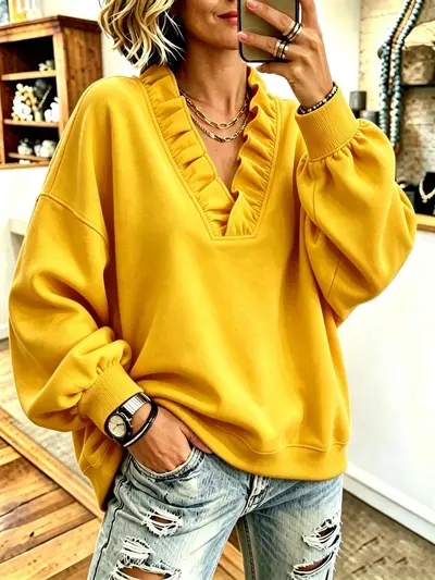 Kadın fırfırlı V yaka uzun kollu sweatshirt, sonbahar ve kış, bol kesim - 7