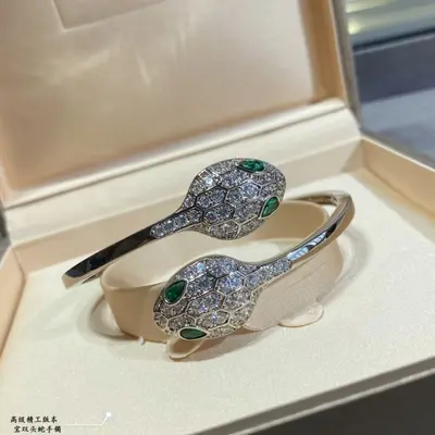 V-Gold Plated Open Snake Bangle, Full Rhinestones, Green and Blue Eyes
