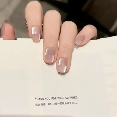 Minimalist Glass Bead Space Cat Eye Handmade Wearable Press-On Nails, Premium Nude, Short - 4
